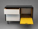 a black and yellow chest of drawers with two drawers