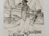 drawing of a man standing on a boat with a hat on