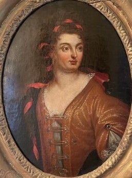 painting of a woman in a brown dress with a red ribbon
