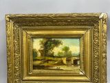 un tableau représentant un paysage fluvial avec un pont au loin