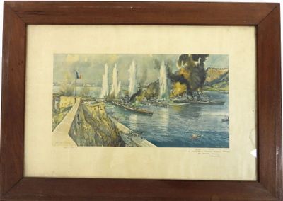 tableau encadré représentant des bateaux dans un port, avec de la fumée s'élevant de l'eau