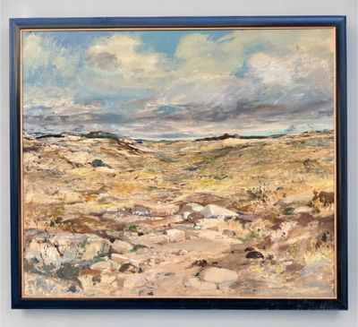 an oil painting of a desert scene with a cloudy sky