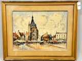 an image of a painting of a town with a church in the background