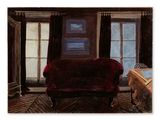 a painting of a red chair in front of a window