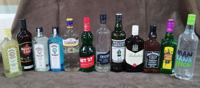 de nombreuses bouteilles d'alcool de toutes sortes alignées sur la table