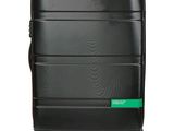 a black suitcase with a green label on it