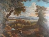 peinture représentant un paysage avec un homme et une femme dans une barque sur une rivière