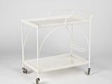 an image of a white metal serving cart on wheels