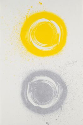 an image of a painting with yellow and grey circles