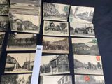 several old black and white photographs of buildings and people on a street