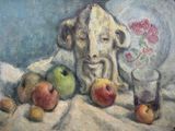 a painting of a cow and apples on a bed