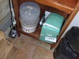 a wooden shelf with a glass jar on top of it