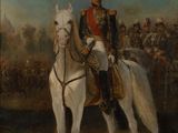 painting of a man in uniform riding a white horse in front of a crowd
