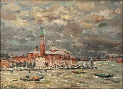 painting of a painting of a boat in a body of water with a building in the background