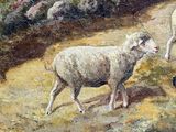 an oil painting of a sheep and a dog in a field