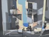 un tableau représentant une scène de rue avec une personne sur un scooter