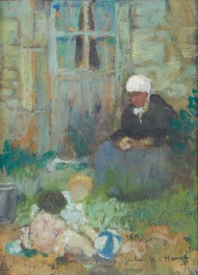 une image représentant un tableau où l'on voit une femme et un enfant devant une maison