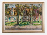 une image représentant un tableau sur lequel on voit une maison avec des arbres devant