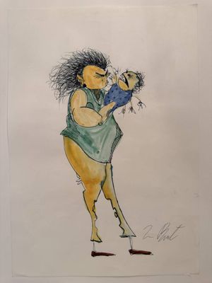 drawing of a woman holding a stuffed animal in her right hand