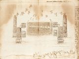 an old book with a drawing of a building and people standing in front of it