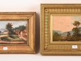 une paire de peintures à l'huile représentant une route de campagne et une scène de vie à la ferme
