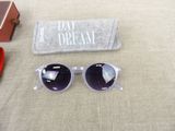 a pair of sunglasses sitting on a table next to a book