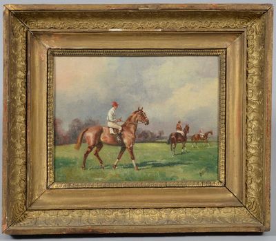 an oil painting of a jockey on a horse in a field
