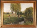 an image of a painting of a farm scene with cows in the distance