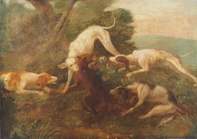 tableau représentant un groupe de chiens jouant avec un oiseau dans un environnement boisé