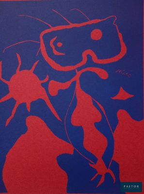 a red and blue painting of a fish on a blue background