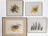 three framed pictures of different types of art hanging on a wall