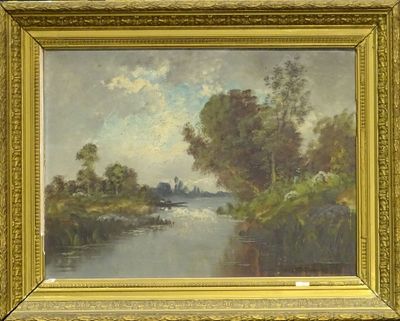 an image of a painting of a river with trees in the background