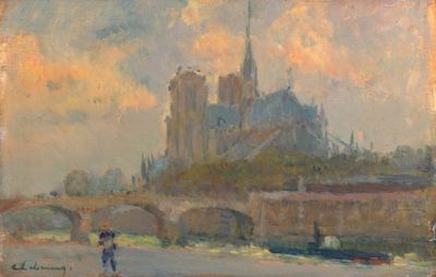tableau représentant un homme traversant une rivière