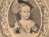 an engraving of a portrait of a woman in a hat and dress
