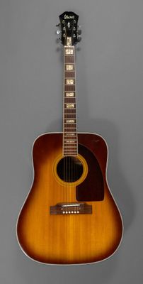 a close up of an acoustic guitar on a gray background