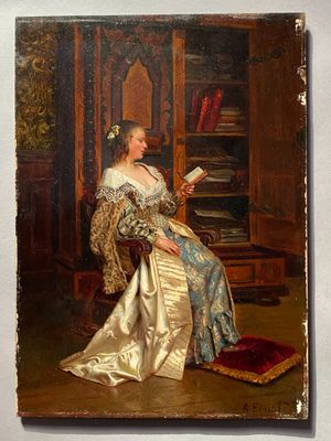 tableau représentant une femme en train de lire un livre dans une pièce où se trouve une bibliothèque
