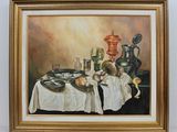 an oil painting of a table with a white table cloth and silverware on it