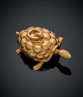 une image représentant une broche en forme de tortue dorée posée sur une surface noire