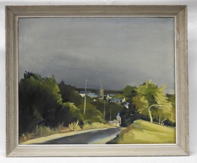 une image représentant un tableau d'une route de campagne avec des maisons au loin
