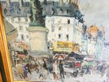 un tableau représentant une scène de rue avec une statue en arrière-plan