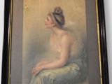 painting of a woman in a blue dress sitting on a chair