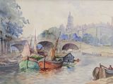 a painting of boats on the water with a bridge in the background