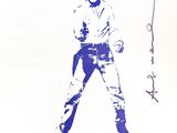 an image of a blue and white drawing of a man with a sword