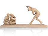sculpture of a man and a woman playing with a baby on a wooden base