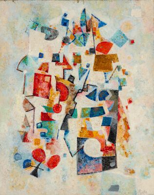 une peinture représentant une peinture, avec de nombreuses formes et couleurs différentes
