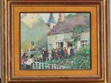 an oil painting of a group of people outside a house