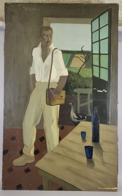 un tableau représentant un homme debout devant une fenêtre