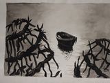 drawing of a black and white picture of a bunch of birds in a cage
