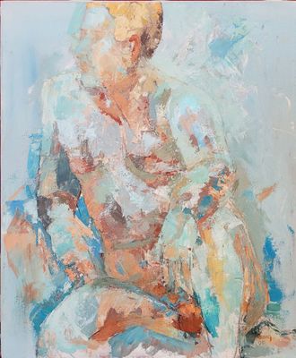 an oil painting of a woman sitting on the ground with her legs crossed