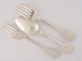 three forks and two spoons on a white surface